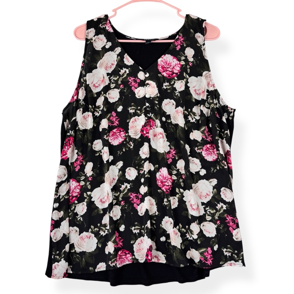 Torrid Floral Georgette Tank Top Womens 1X Black Knit Back Floral Woven Front